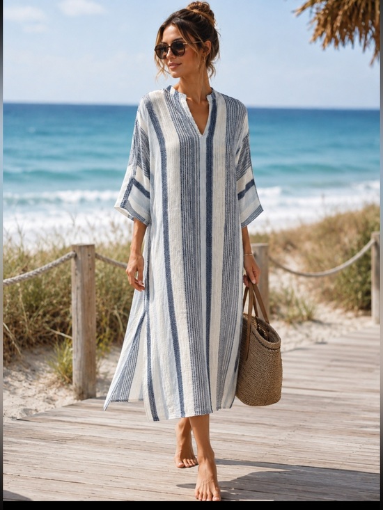 Massimo Dutti Other - Massimo Dutti Blue & White Striped Swim Coverup Caftan Linen Blend